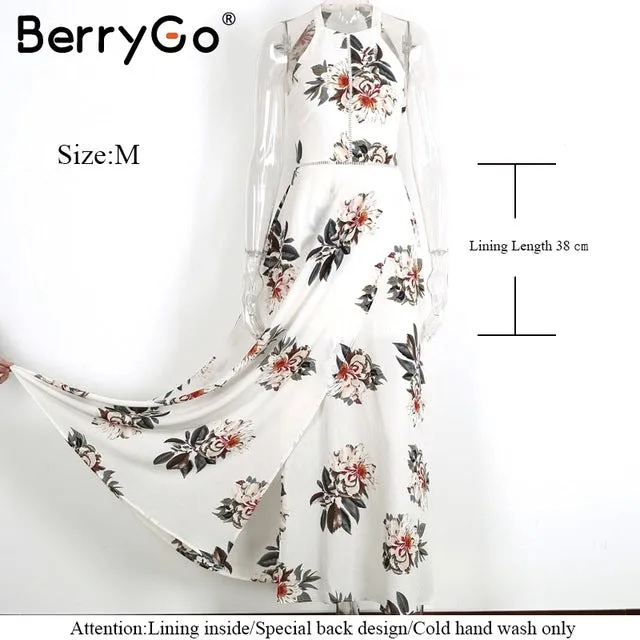 BerryGo Floral print halter chiffon long dress Women backless 2017 maxi dresses vestidos Sexy white split beach summer dress