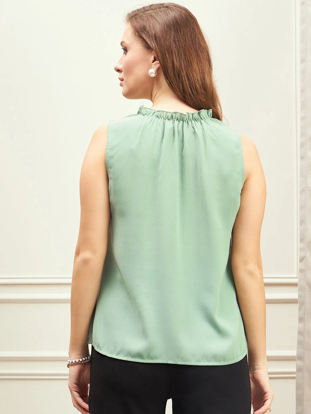 Berrylush BIZwear Women Solid Green Notched Neck Sleeveless Gathered Regular Top