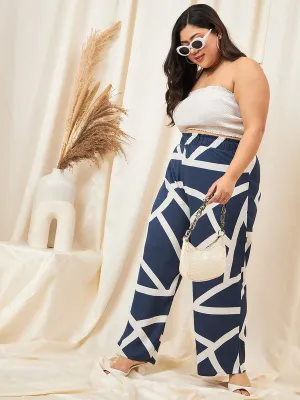 Berrylush Curve Women Navy Blue & White Geometric Printed High-Rise Elastic Waist Slip-On Pleated Regular Parallel Trousers