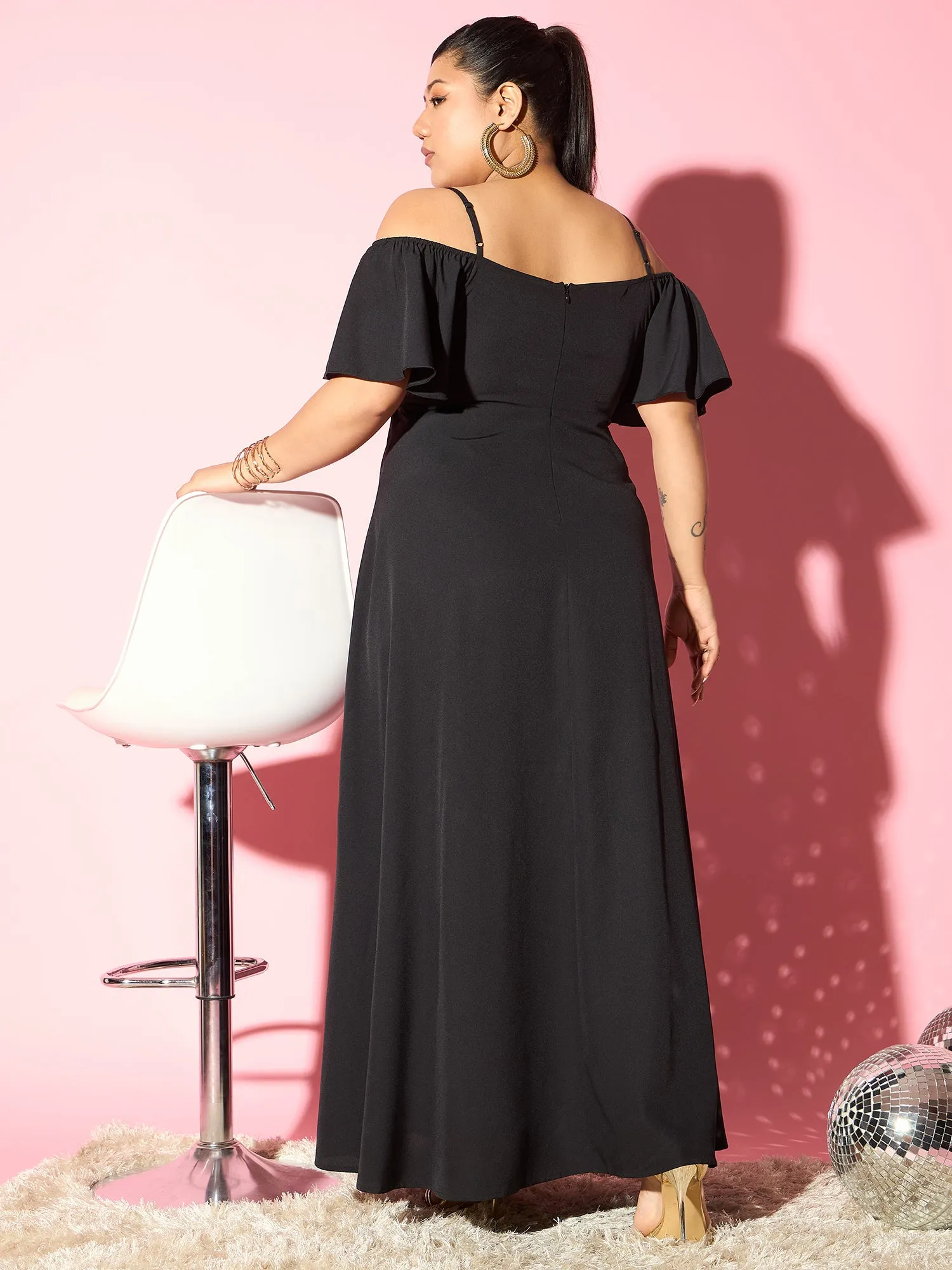 Berrylush Curve Women Solid Black Off-Shoulder Neck Cold-shoulder Sleeves Thigh-High Slit Ruffled Maxi Dress