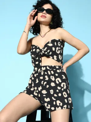 Berrylush Women Black & Beige Animal Printed Off-Shoulder Neck Twisted Front Tube Top & Shorts Co-Ord Set