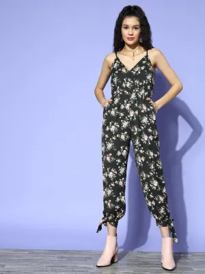 Berrylush Women Black & Green Floral Printed V-Neck Tie-Up Slit Gathered Cami Regular Jumpsuit