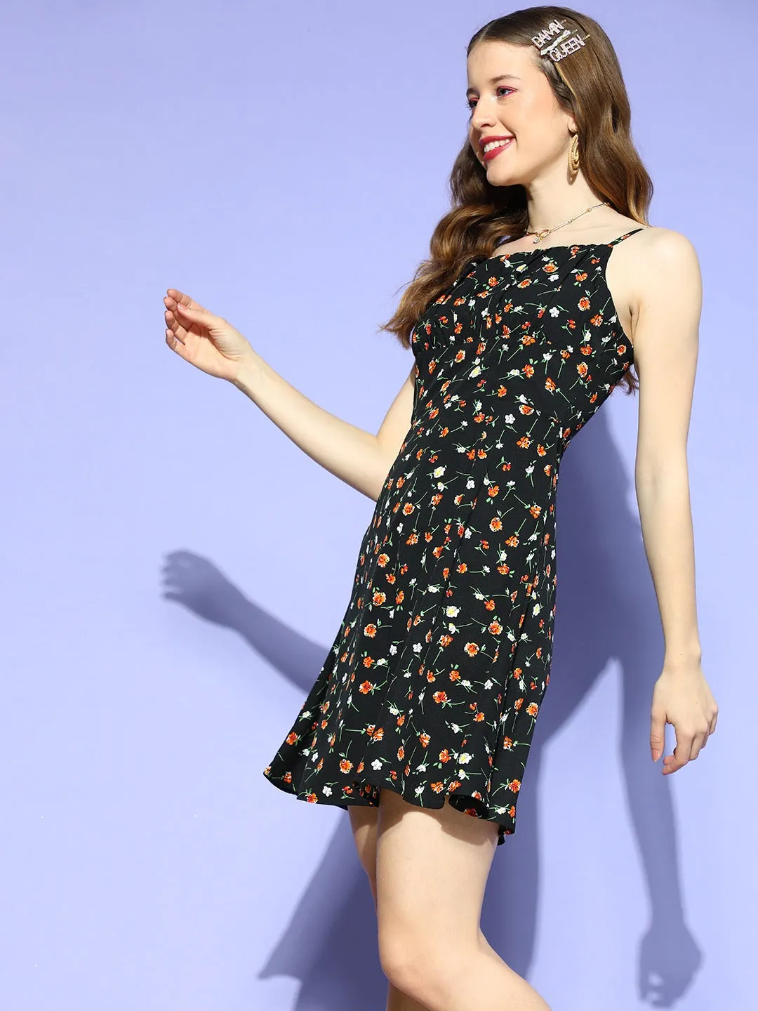 Berrylush Women Black & Orange Floral Printed Square Neck Sleeveless Flared A-Line Mini Dress