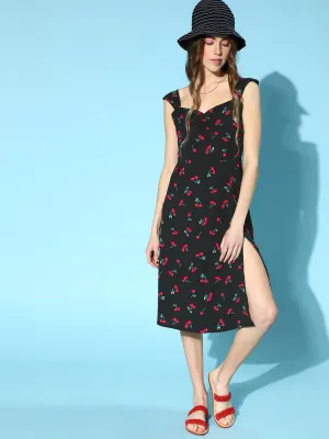 Berrylush Women Black & Red Cherry Printed Sweetheart Neck Thigh-High Slit Flared A-Line Midi Dress