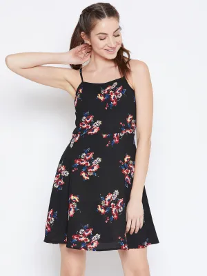 Berrylush Women Black & Red Floral Printed Sleeveless Fit & Flare Mini Dress