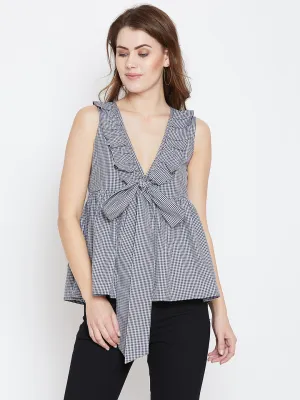 Berrylush Women Black & White Gingham Printed V-Neck Front Tie-Knot A-Line Regular Top