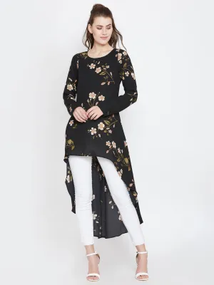 Berrylush Women Black Floral Printed Round Neck High-Low Longline Top