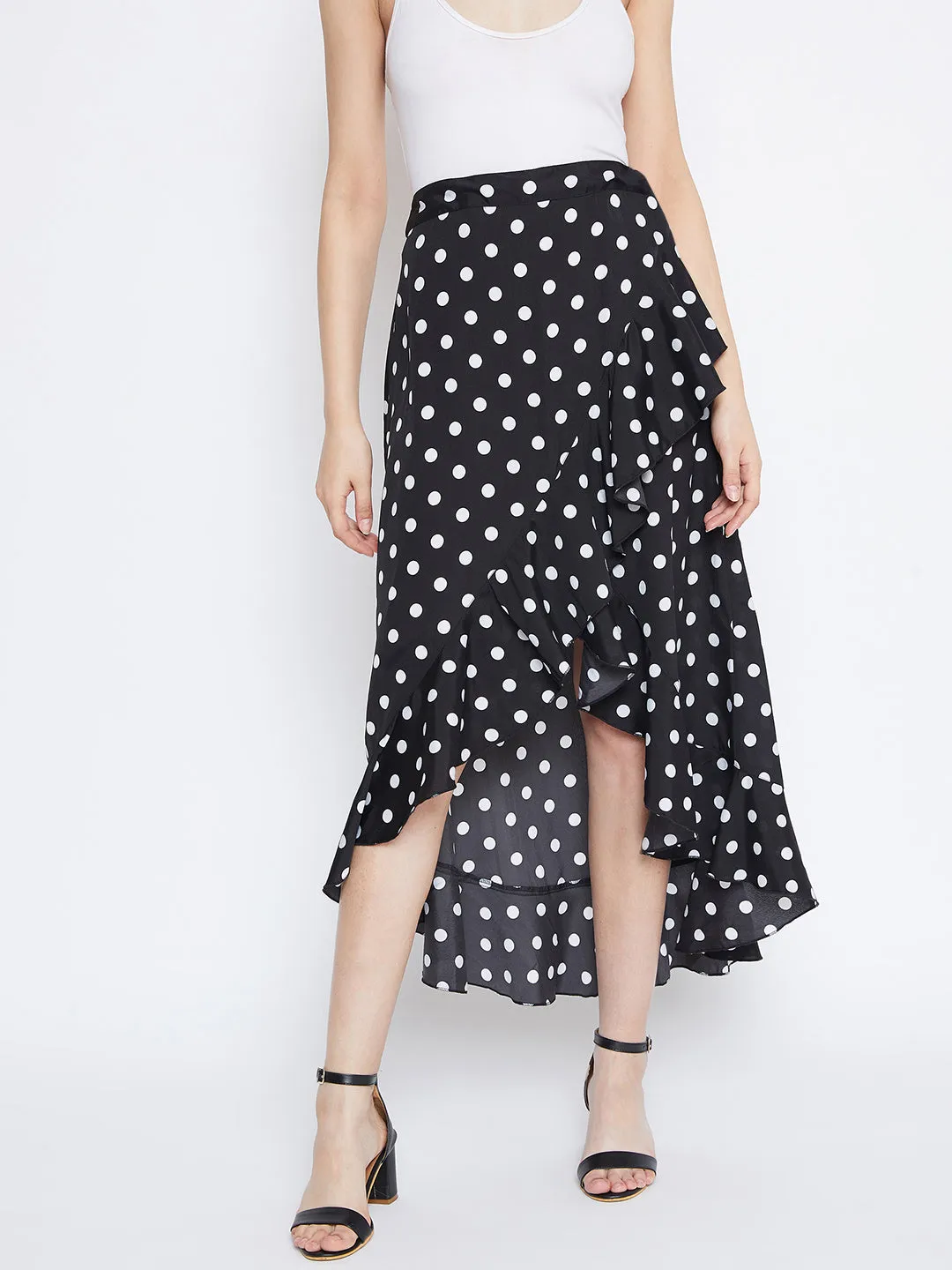 Berrylush Women Black Polka Dot Print Ruffled Wrap Midi Skirt