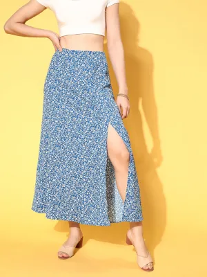 Berrylush Women Blue & White Ditsy Floral Printed High-Rise Waist Side-Slit Flared A-Line Maxi Skirt