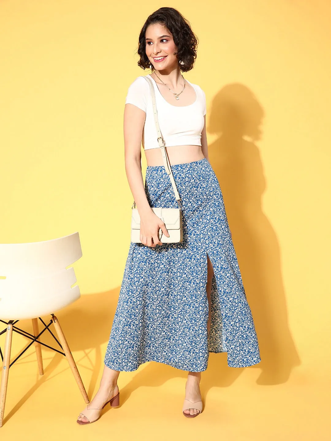 Berrylush Women Blue & White Ditsy Floral Printed High-Rise Waist Side-Slit Flared A-Line Maxi Skirt