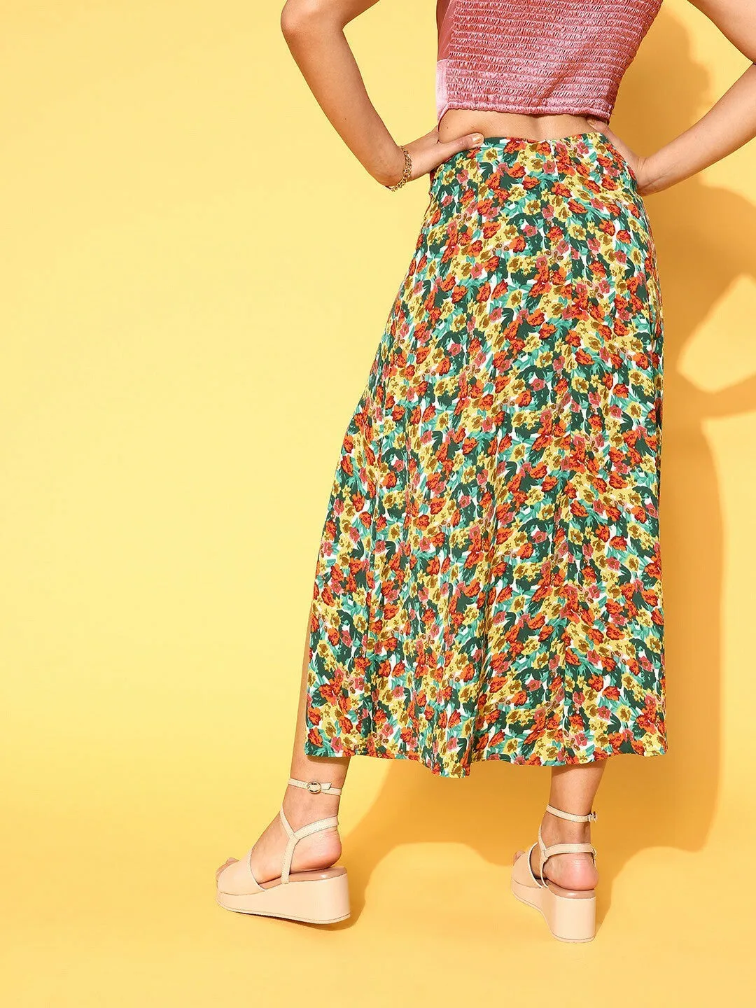 Berrylush Women Green & Red Floral Printed Thigh-High Slit Flared A-Line Midi Skirt