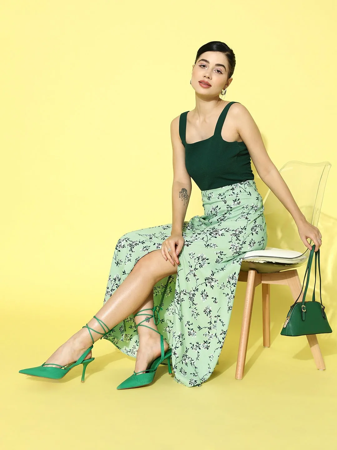 Berrylush Women Green & White Floral Printed High-Rise Side-Slit Flared A-Line Maxi Skirt