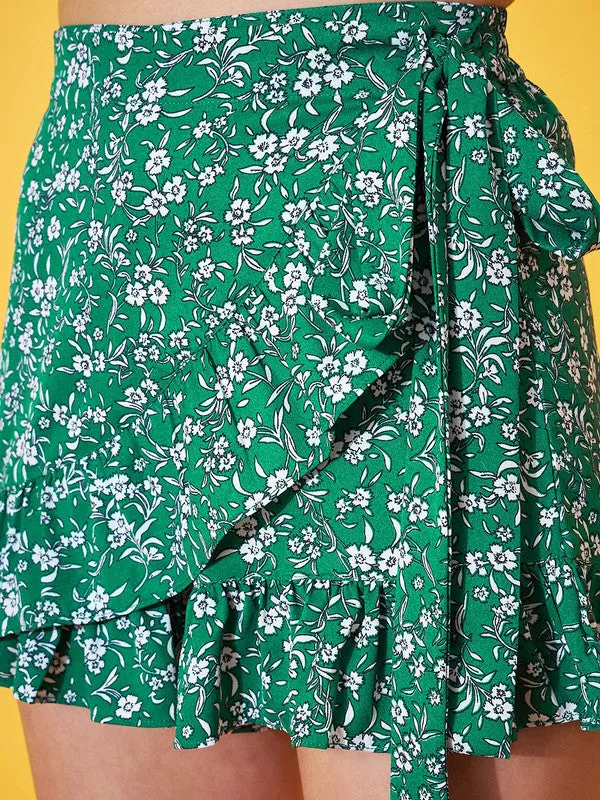 Berrylush Women Green & White Floral Printed High-Rise Tie-Up Waist Tulip Hem Wrap Ruffled Mini Shorts