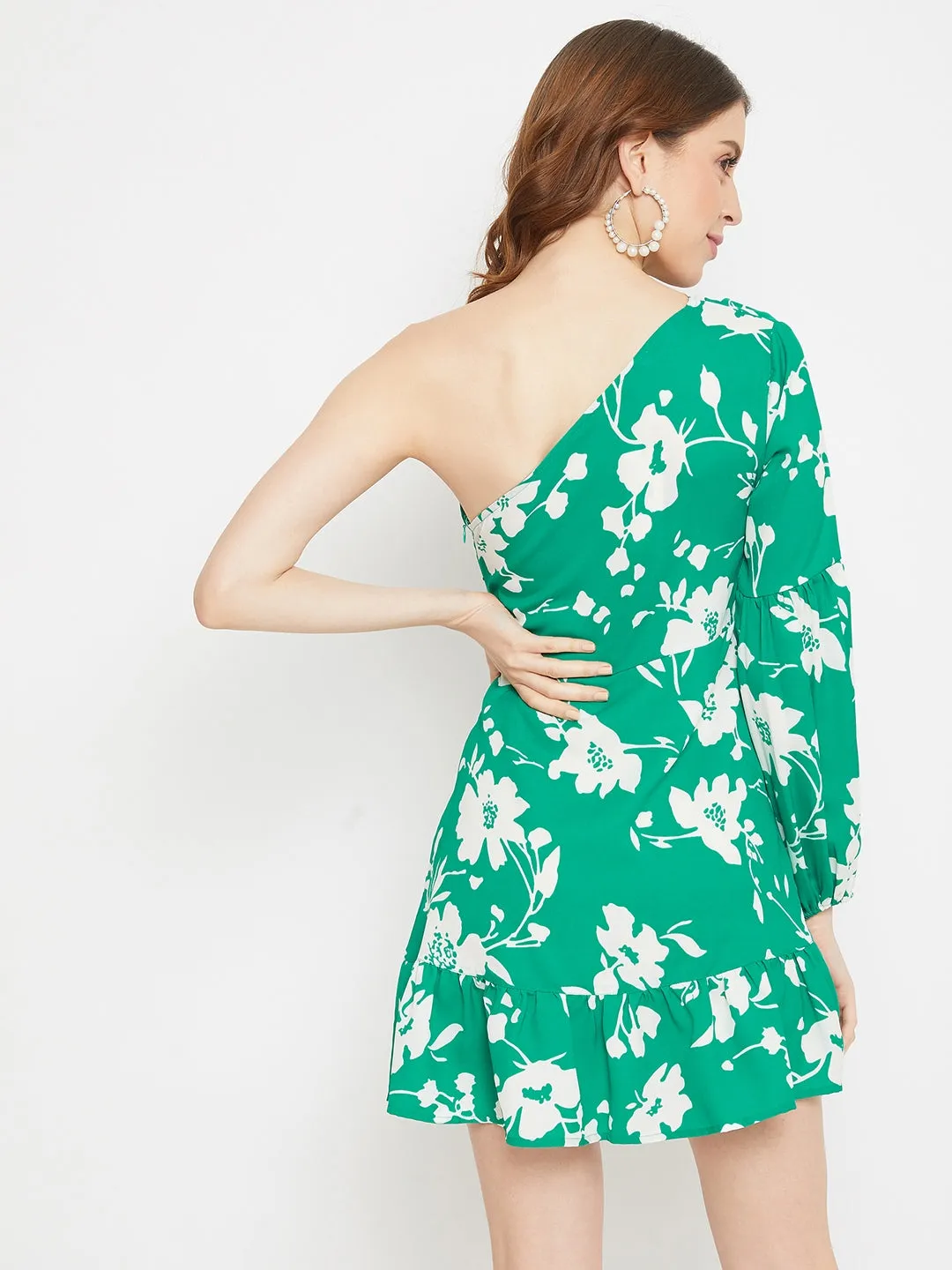 Berrylush Women Green Floral Printed One-Shoulder Fit & Flare Dress