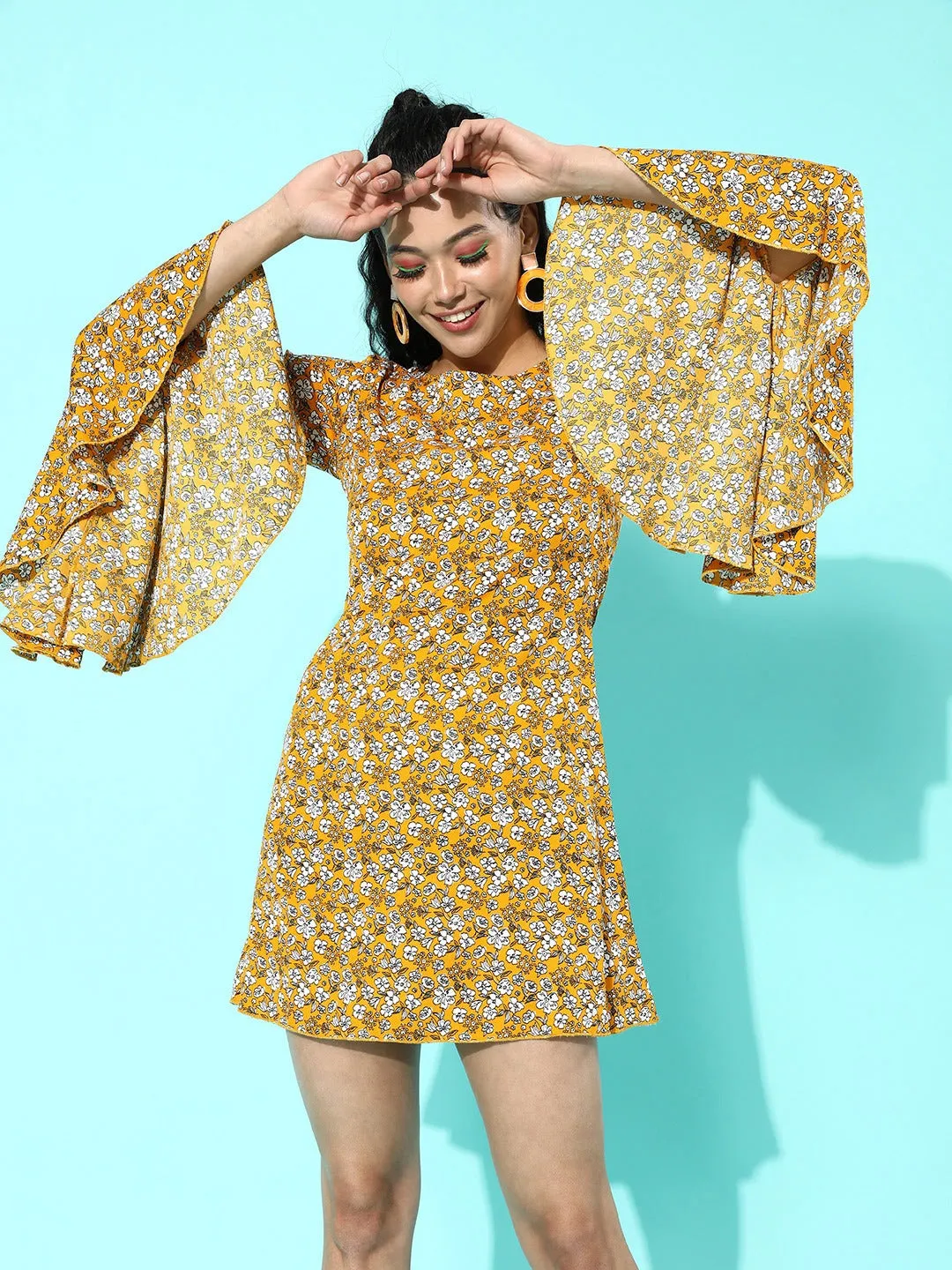 Berrylush Women Mustard Yellow Floral Printed Round-Neck Crepe A-Line Mini Dress