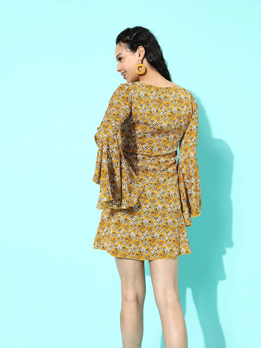 Berrylush Women Mustard Yellow Floral Printed Round-Neck Crepe A-Line Mini Dress