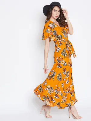 Berrylush Women Mustard Yellow Floral Printed V-Neck Maxi Dress