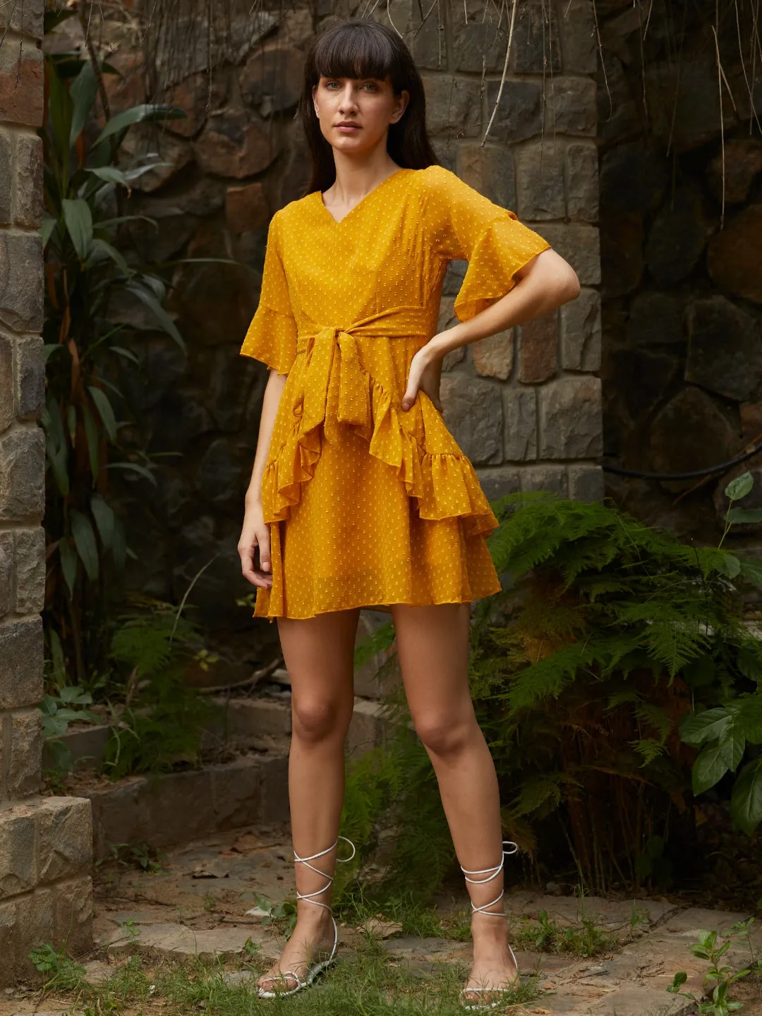 Berrylush Women Mustard Yellow Ruffled Front Knot Layered Mini Dress