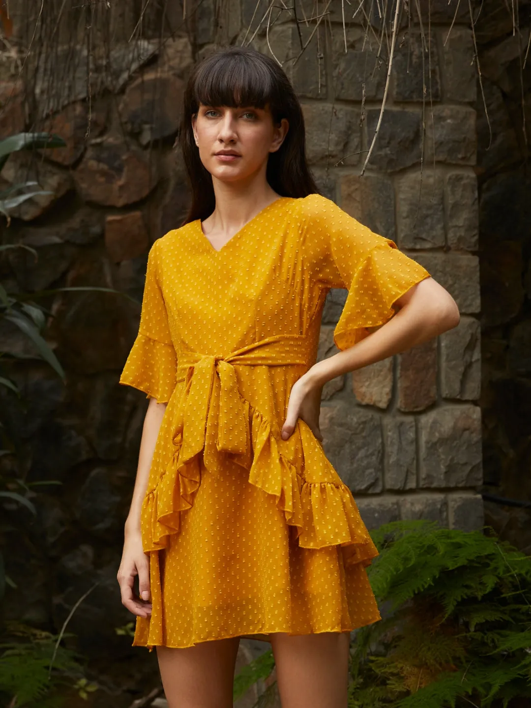 Berrylush Women Mustard Yellow Ruffled Front Knot Layered Mini Dress