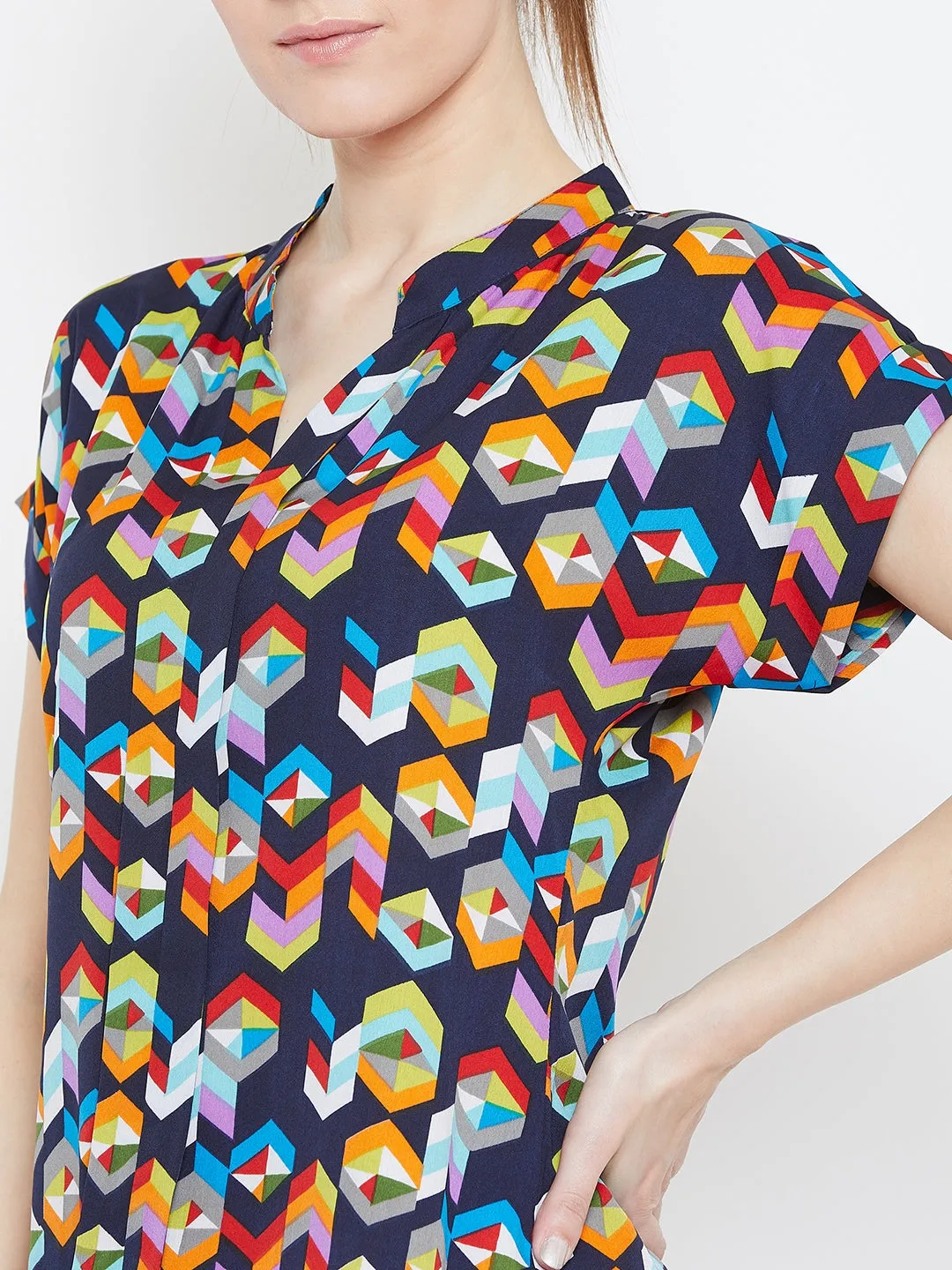 Berrylush Women Navy Blue & Multicolour Geometric Printed Mandarin Collar Neck Shirt Top