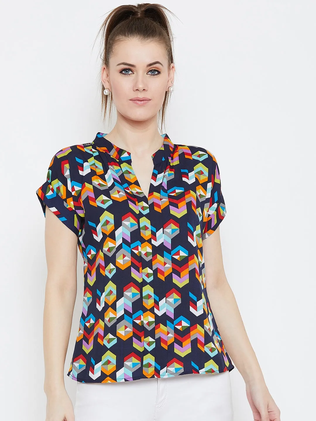 Berrylush Women Navy Blue & Multicolour Geometric Printed Mandarin Collar Neck Shirt Top