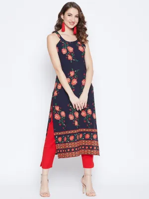 Berrylush Women Navy Blue & Orange Floral Printed Scoop-Neck Side-Slit Straight Kurta