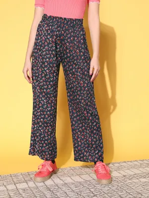 Berrylush Women Navy Blue & Red Floral Printed High-Rise Elastic Waist Pleated Trousers