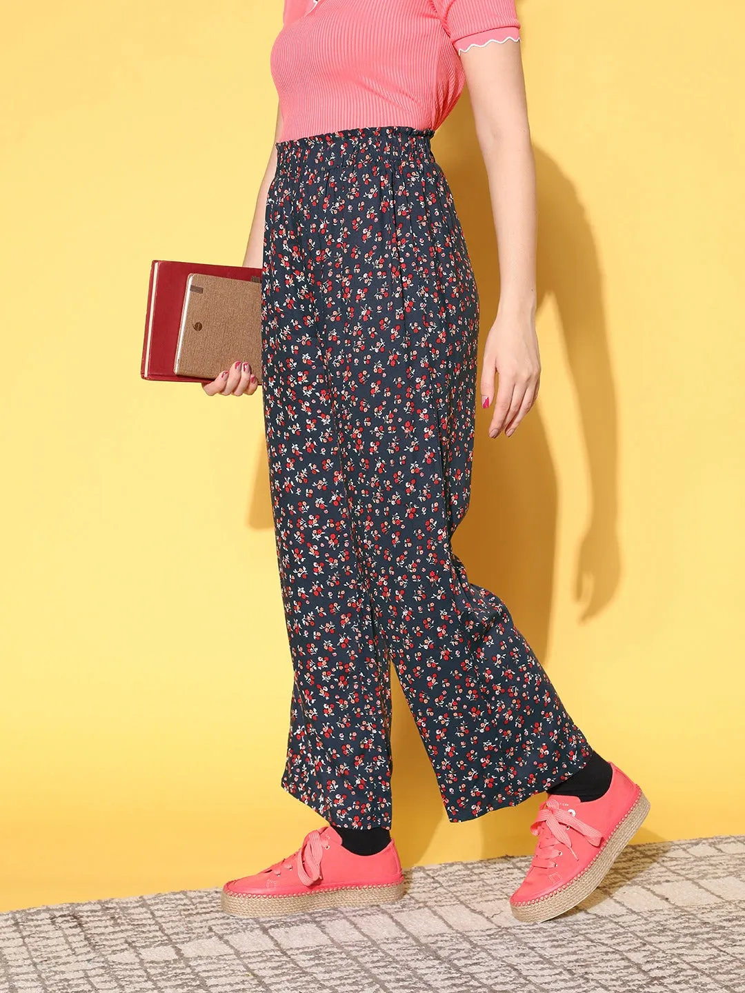 Berrylush Women Navy Blue & Red Floral Printed High-Rise Elastic Waist Pleated Trousers