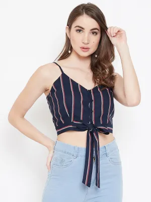 Berrylush Women Navy Blue & Red Stripe Patterned V-Neck Front Tie Knot Cropped Top