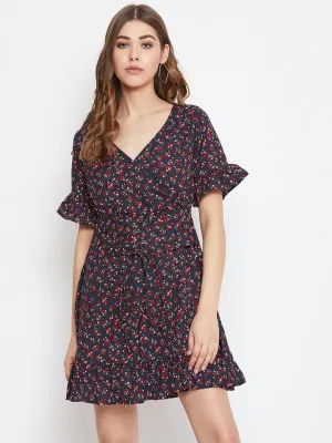 Berrylush Women Navy Blue Floral Printed Fit & Flare Mini Dress