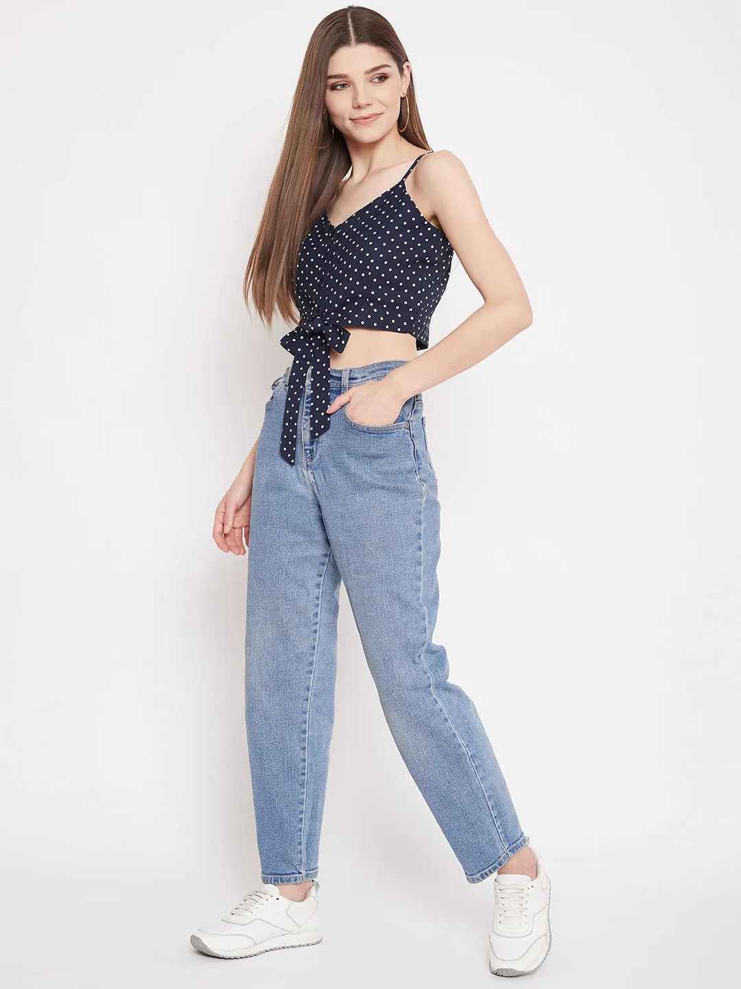 Berrylush Women Navy Blue Polka Dot Printed Crop Top