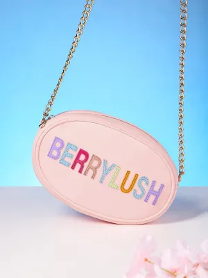 Berrylush Women Pink & Multicolour Typography Printed PU Detachable Strap Applique Embroidered Sling Bag