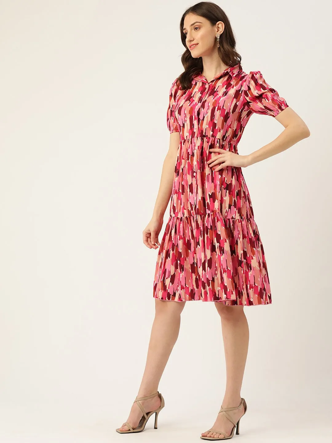 Berrylush Women Pink & Red Abstract Printed Shirt Collar Neck Flounce Hem Pleated A-Line Midi Dress