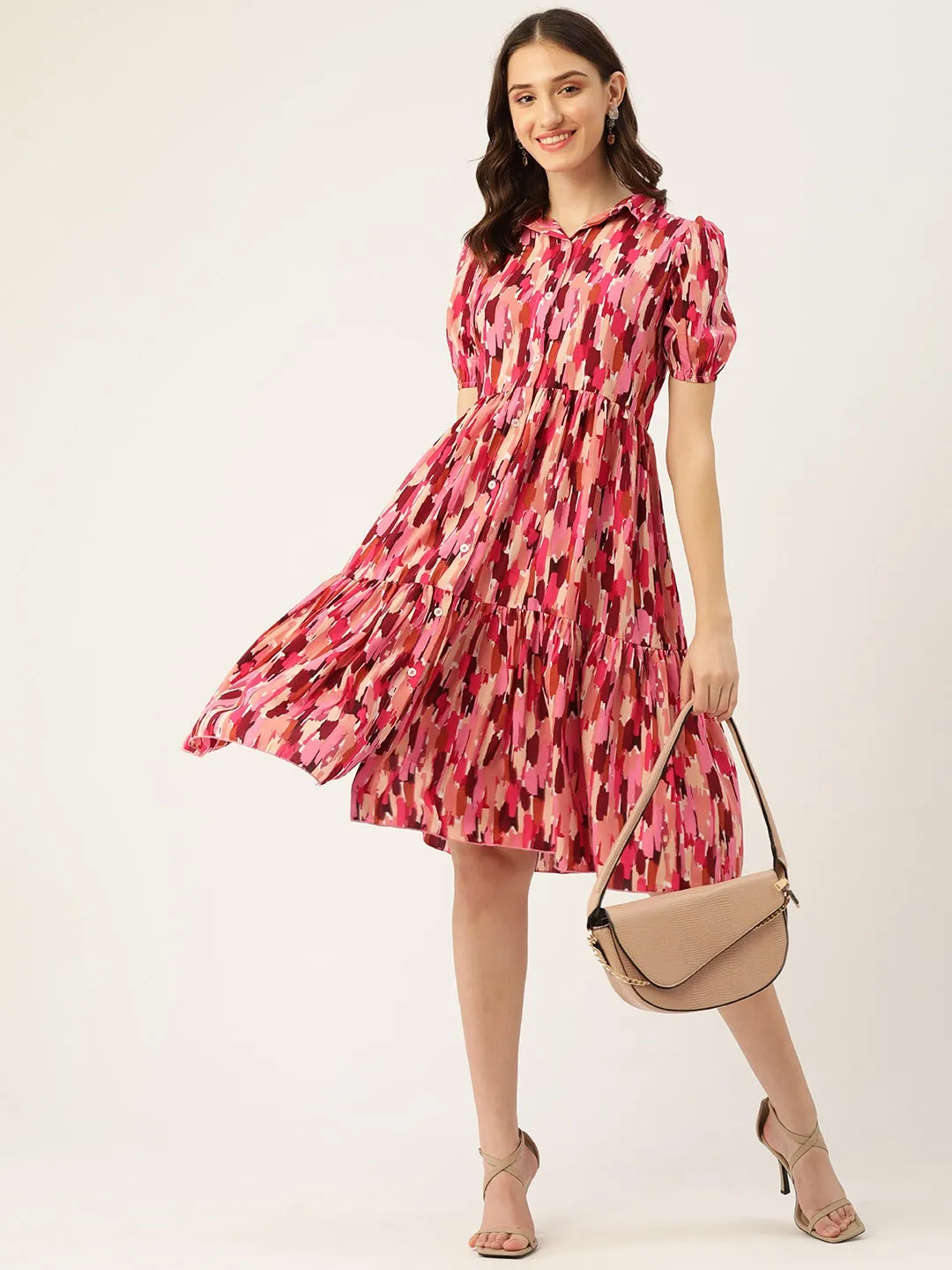 Berrylush Women Pink & Red Abstract Printed Shirt Collar Neck Flounce Hem Pleated A-Line Midi Dress