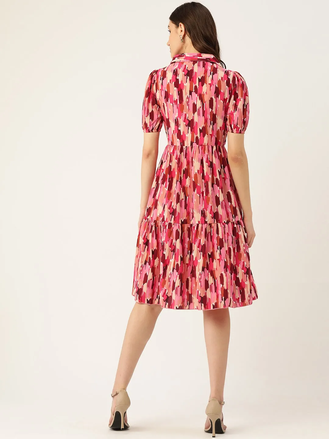 Berrylush Women Pink & Red Abstract Printed Shirt Collar Neck Flounce Hem Pleated A-Line Midi Dress