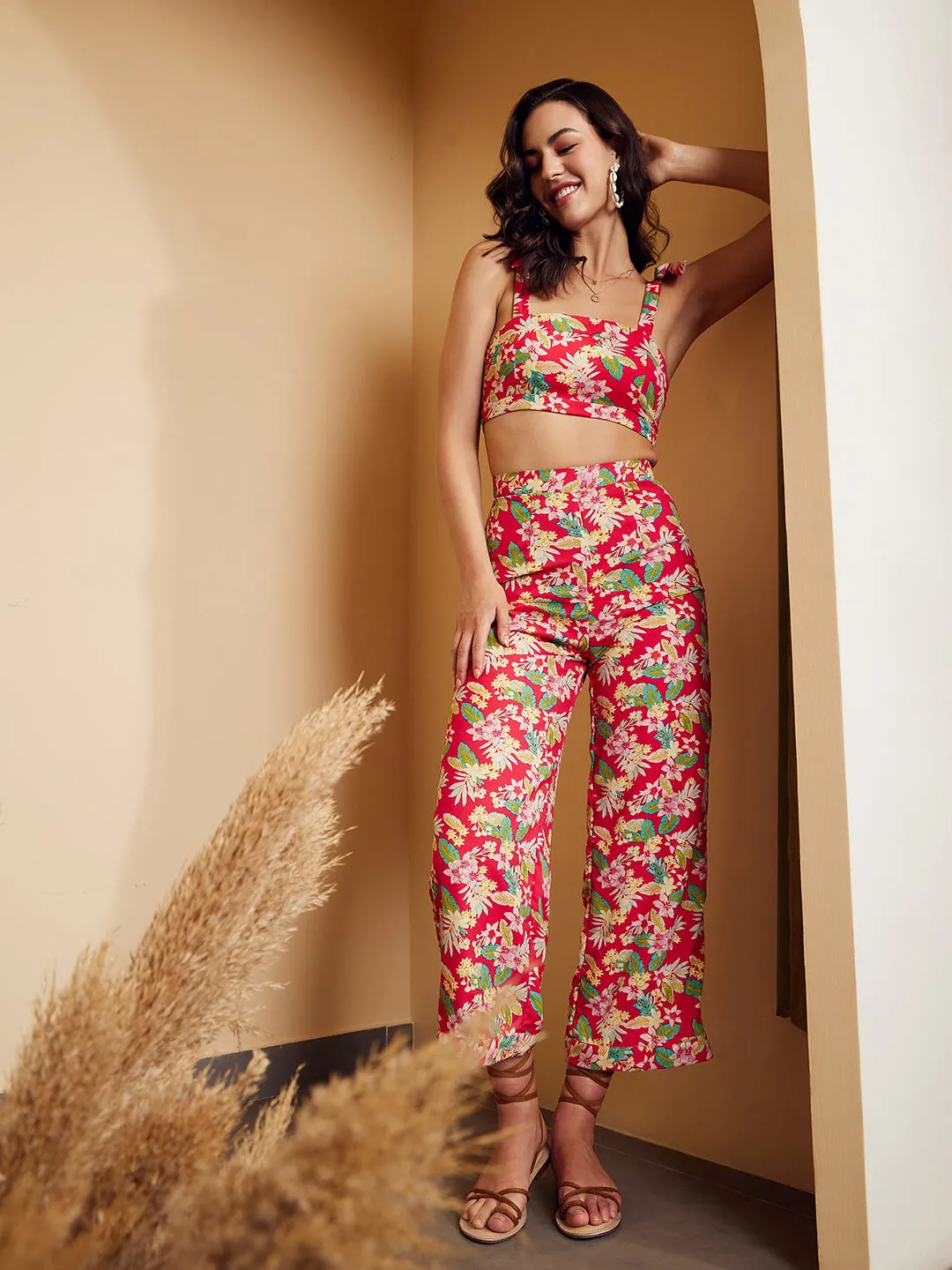 Berrylush Women Pink & White Floral Printed Square Neck Tie-Up Straps Crop Top & Slip-On Trousers Co-Ordinate Set