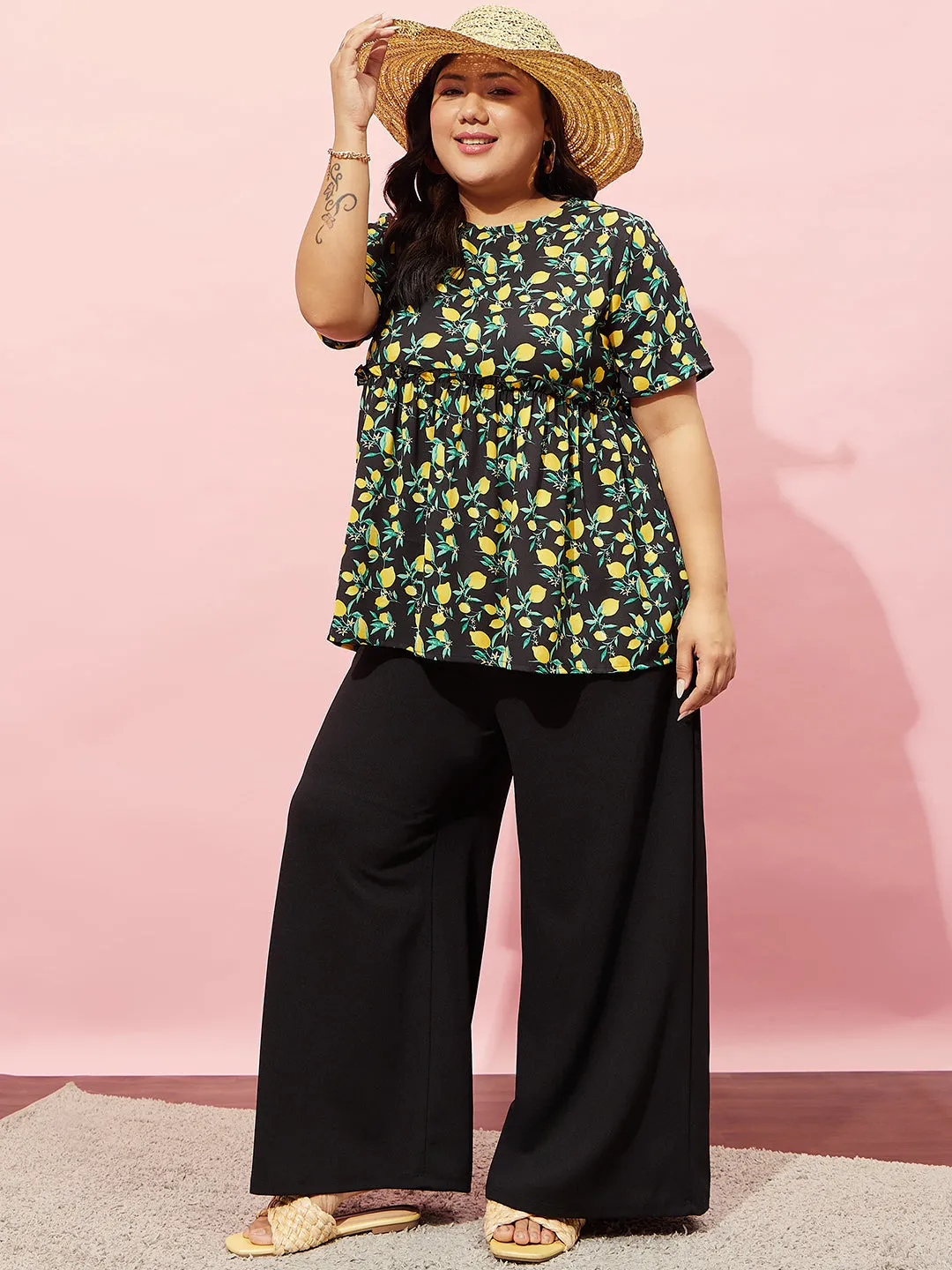 Berrylush Women Plus Size Black, Yellow, & Green Floral Printed Round Neck Polyester Regular Peplum Top