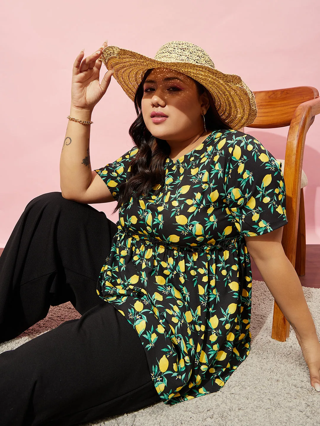 Berrylush Women Plus Size Black, Yellow, & Green Floral Printed Round Neck Polyester Regular Peplum Top