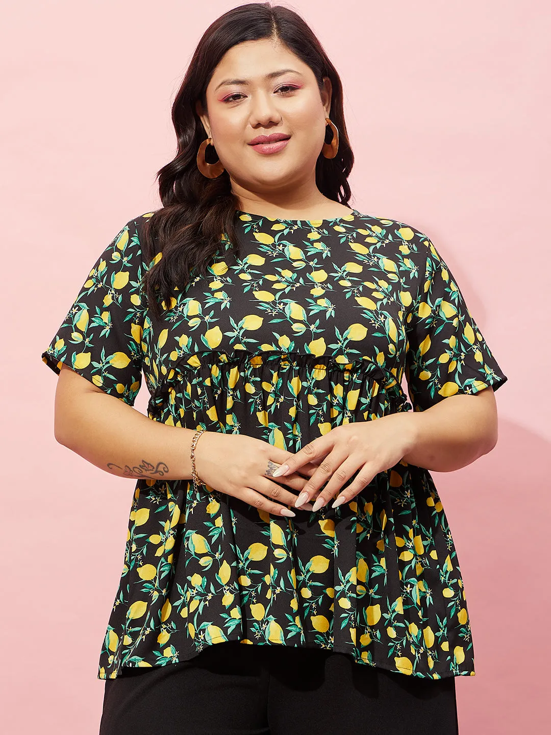 Berrylush Women Plus Size Black, Yellow, & Green Floral Printed Round Neck Polyester Regular Peplum Top