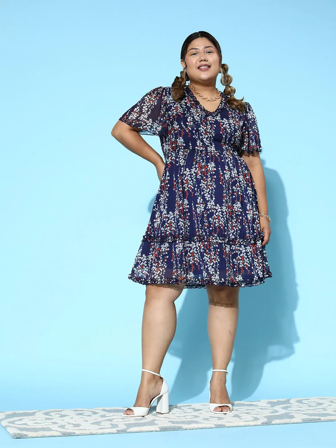 Berrylush Women Plus Size Navy Blue & Red Floral Printed V-Neck Flutter Sleeves Chiffon Tiered Fit & Flare Mini Dress