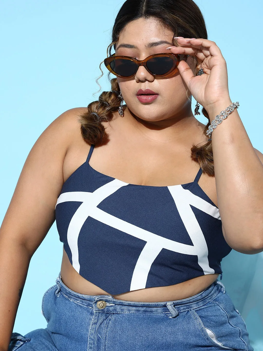 Berrylush Women Plus Size Navy Blue & White Geometric Printed Square Neck Sleeveless Crepe Cropped Top