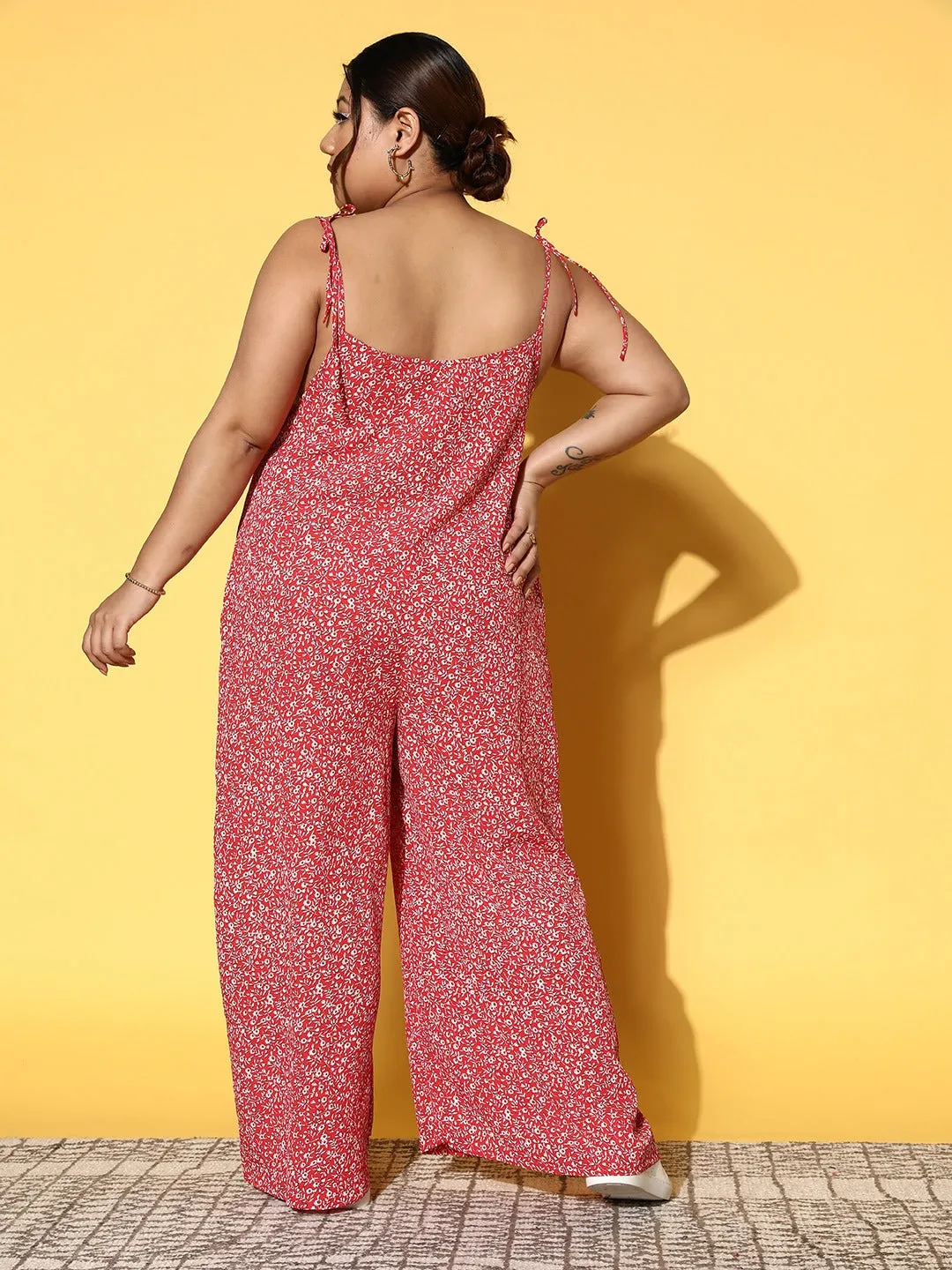 Berrylush Women Plus Size Red & White Floral Printed Round Neck Tie-Up Straps Polyester Regular Basic Jumpsuit