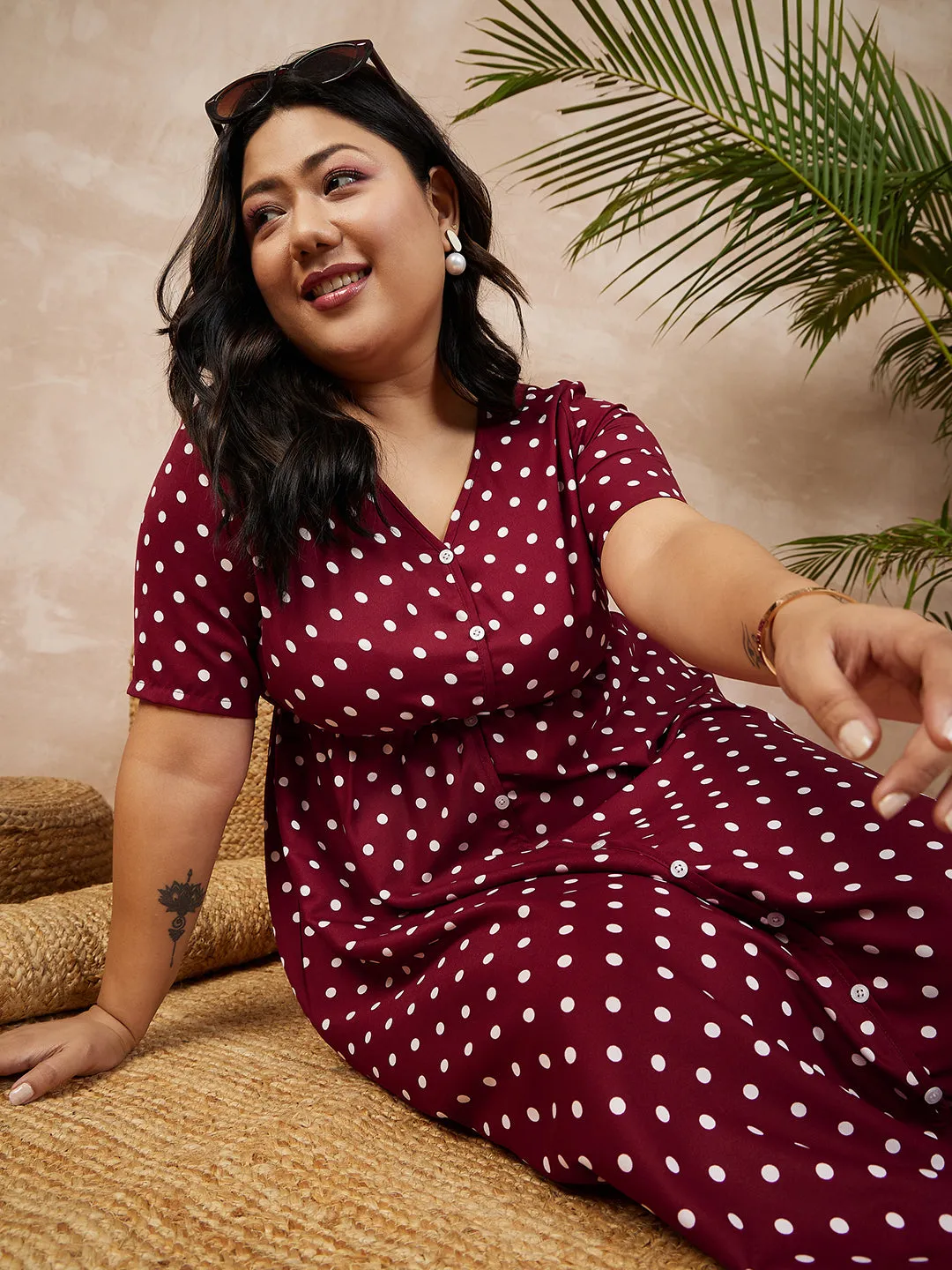 Berrylush Women Plus Size Red & White Polka Dot Printed V-Neck Front Button-Up A-Line Maxi Dress