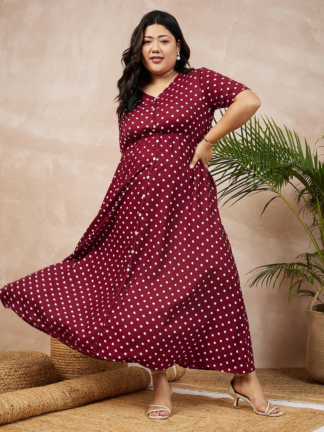 Berrylush Women Plus Size Red & White Polka Dot Printed V-Neck Front Button-Up A-Line Maxi Dress