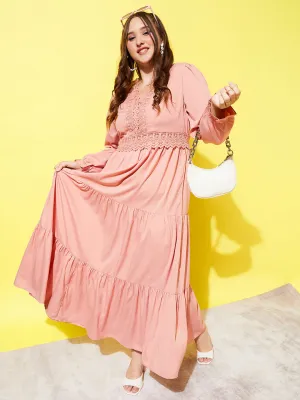 Berrylush Women Plus Size Solid Pink V-Neck Bell Sleeve Zipper-Up Lace Insert Layered Maxi Dress