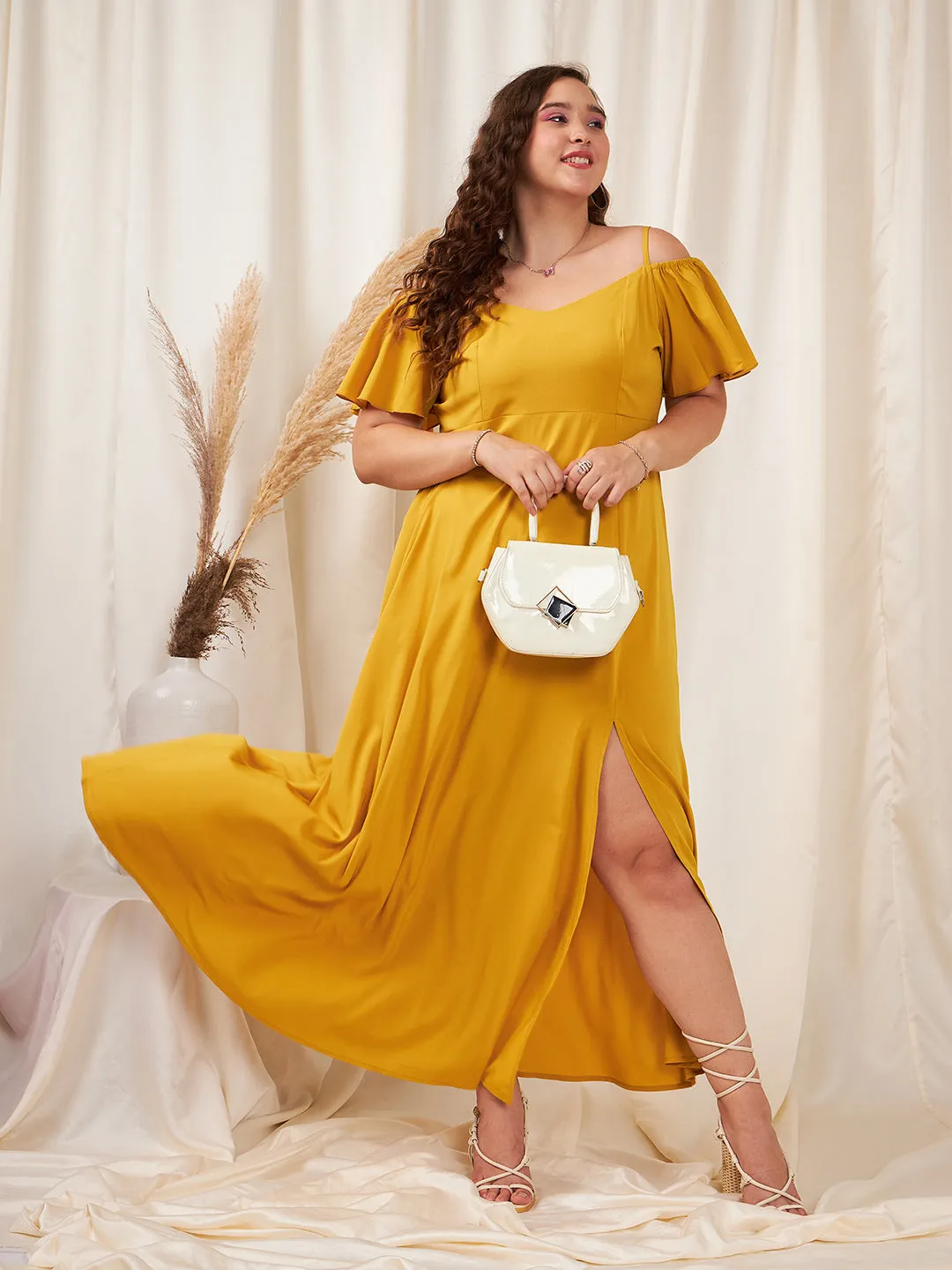 Berrylush Women Plus Size Solid Yellow Off-Shoulder Neck Cold-Shoulder Sleeve Thigh-High Slit Flared Maxi Dress