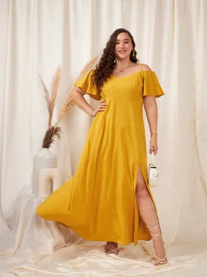 Berrylush Women Plus Size Solid Yellow Off-Shoulder Neck Cold-Shoulder Sleeve Thigh-High Slit Flared Maxi Dress