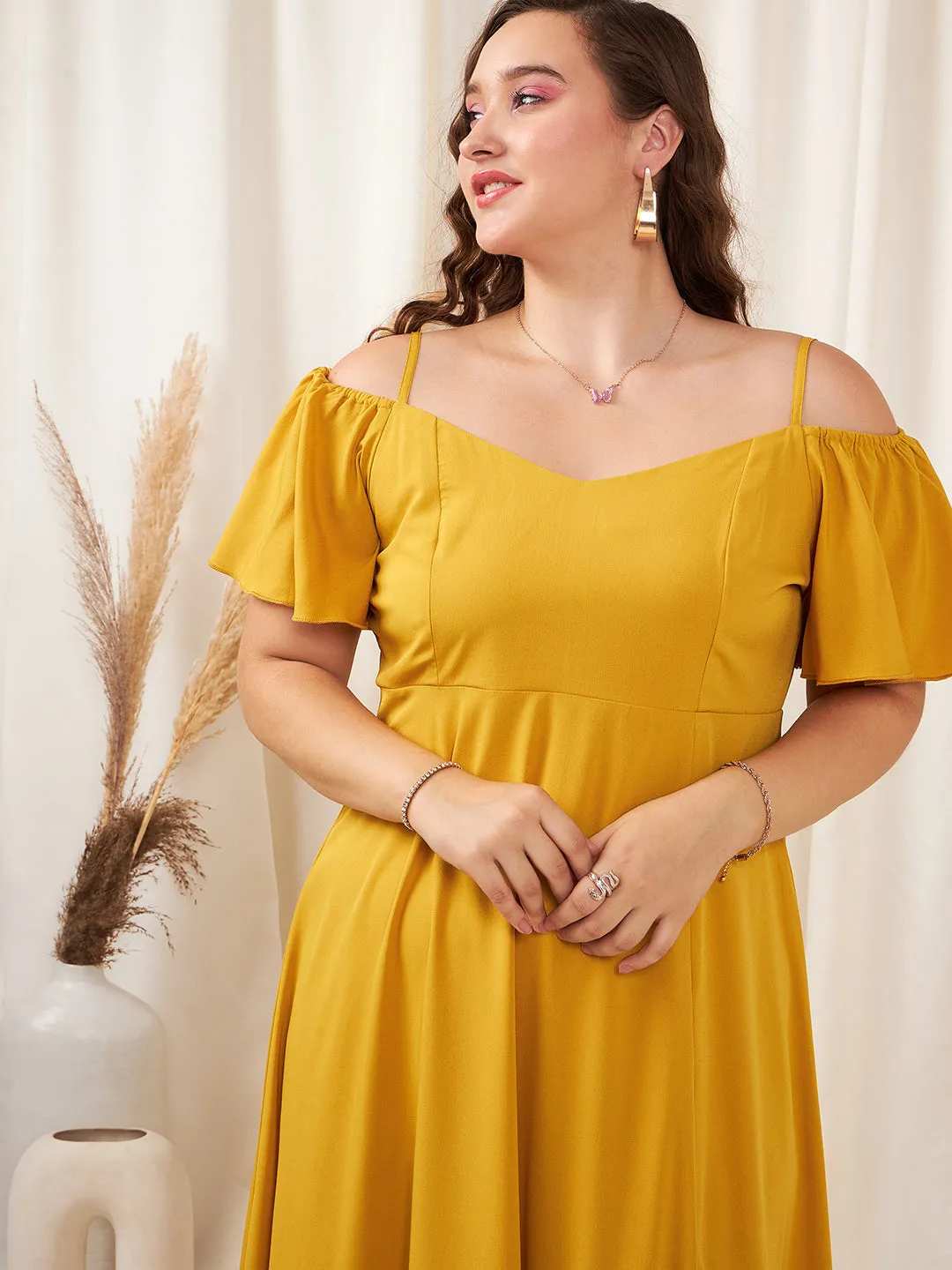 Berrylush Women Plus Size Solid Yellow Off-Shoulder Neck Cold-Shoulder Sleeve Thigh-High Slit Flared Maxi Dress