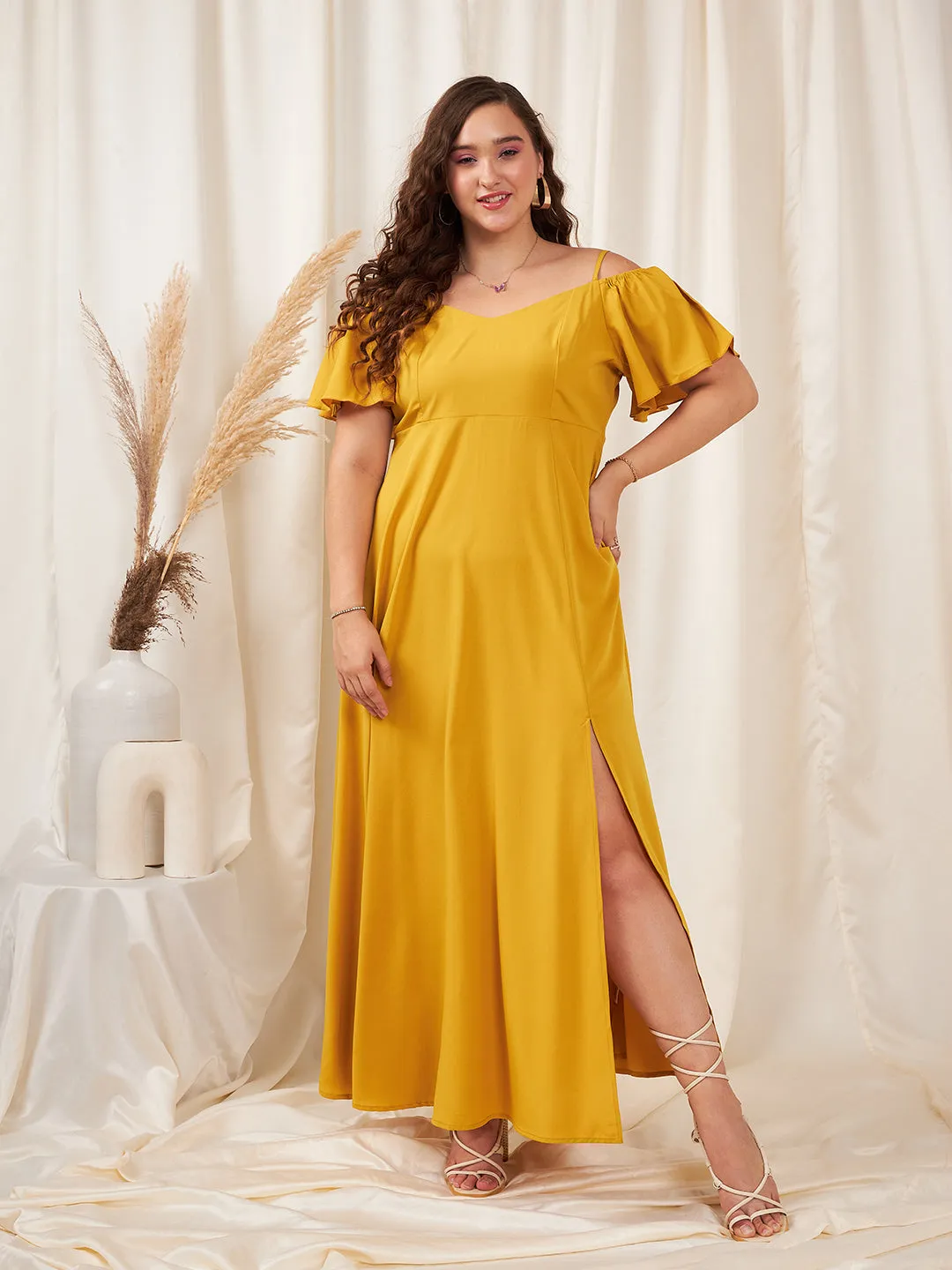 Berrylush Women Plus Size Solid Yellow Off-Shoulder Neck Cold-Shoulder Sleeve Thigh-High Slit Flared Maxi Dress