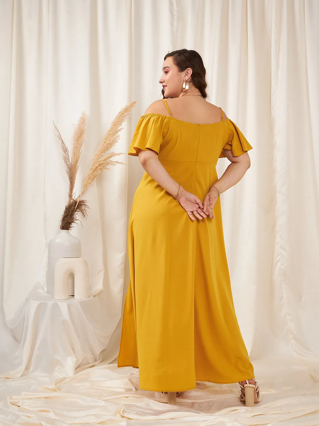 Berrylush Women Plus Size Solid Yellow Off-Shoulder Neck Cold-Shoulder Sleeve Thigh-High Slit Flared Maxi Dress